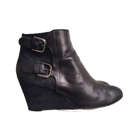 AGL Black Leather Ankle Wedge Booties Double Buckle US 9/9.5 - Picture 1 of 6